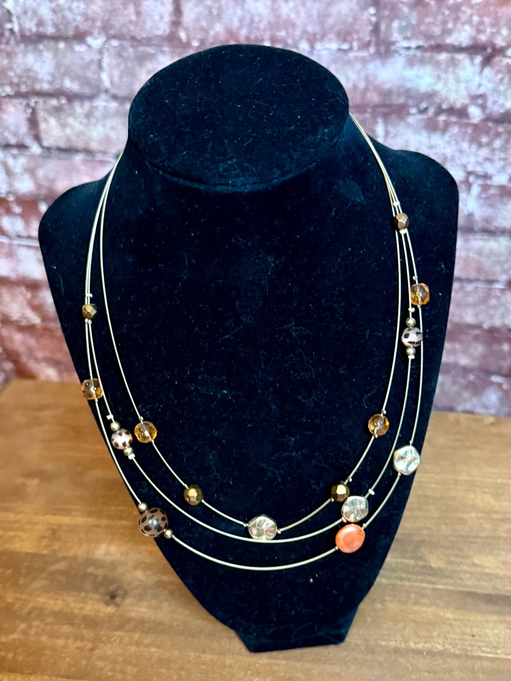 Multistrand Gold Wire Necklace with Amber and Coral Beads